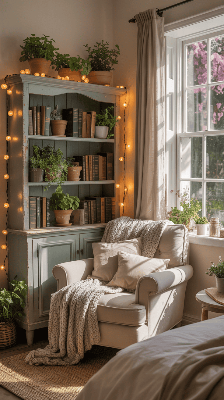 A cozy bedroom corner with a bookshelf, fairy lights, and a comfortable chair