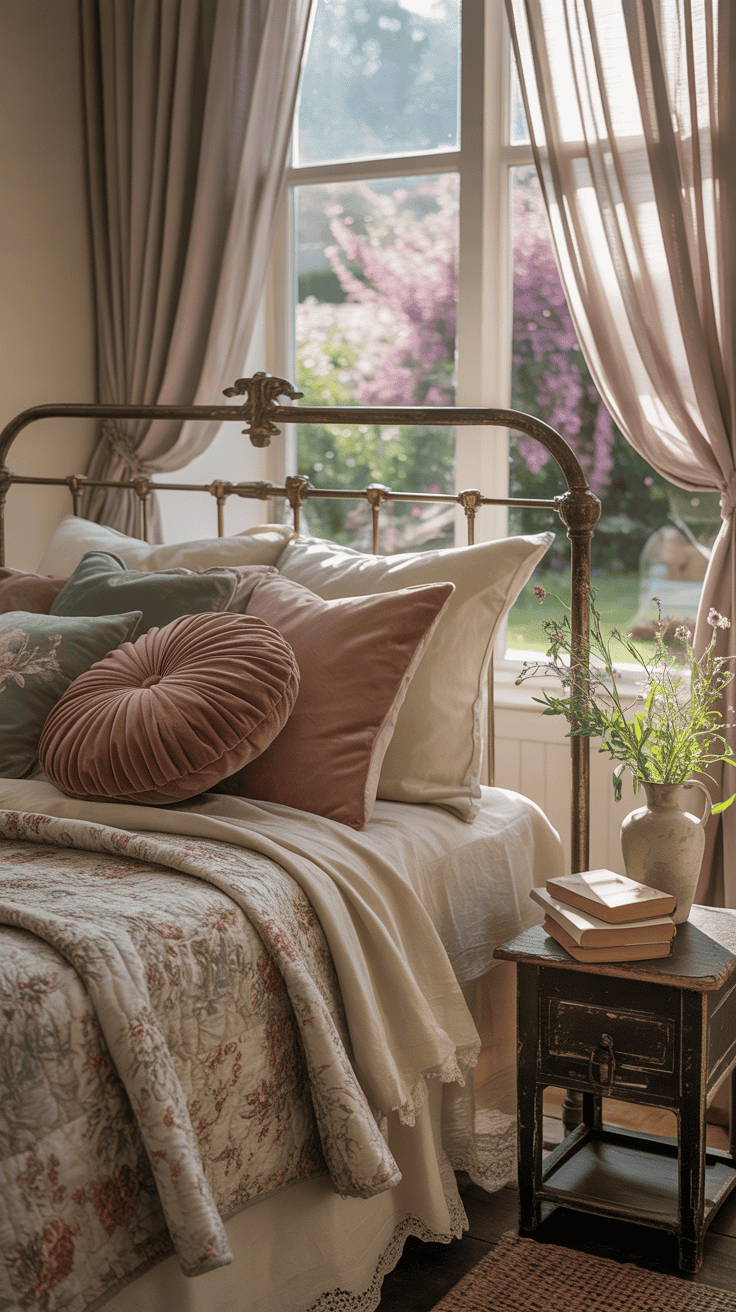 A cozy bedroom featuring layered textiles with a floral quilt, decorative pillows, and soft curtains