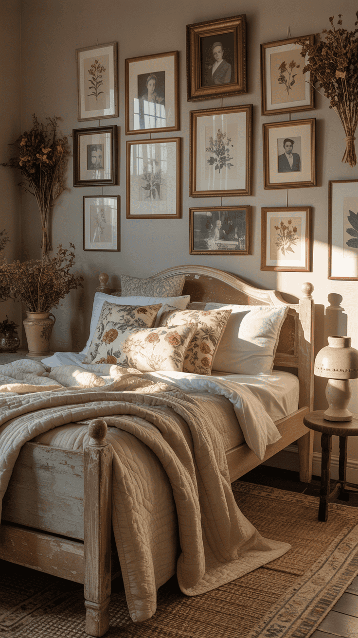 A cozy bedroom featuring a wooden bed, soft bedding, and a gallery wall of framed photos and art.
