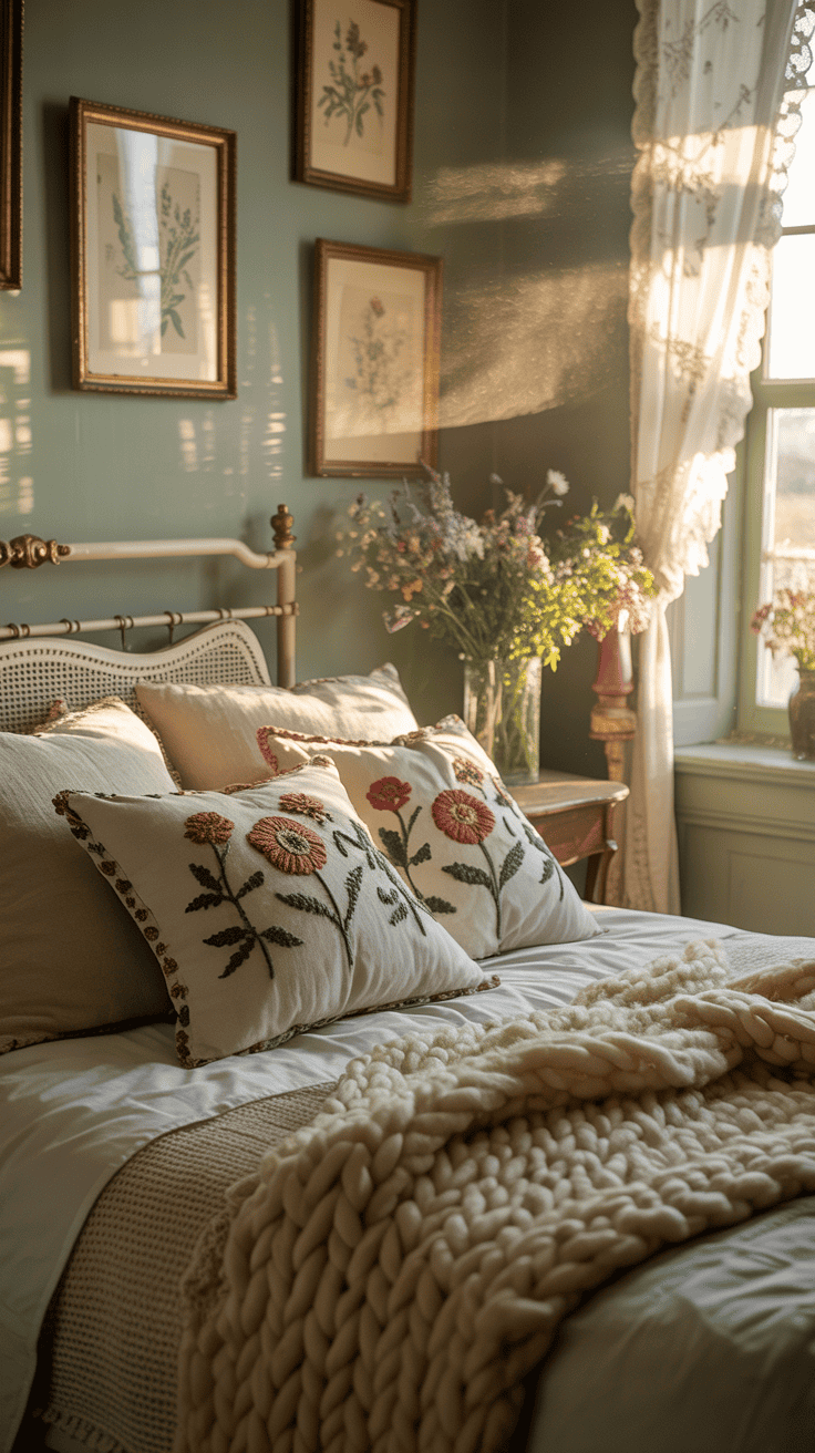 A cozy cottagecore bedroom featuring embroidered cushions and a knitted throw on the bed.