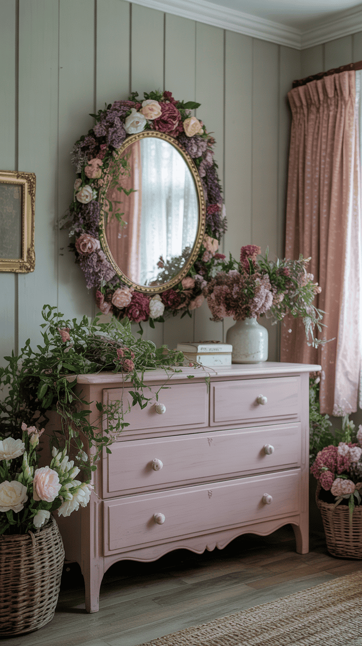 Vintage mirror with floral frame above a wooden dresser with flowers