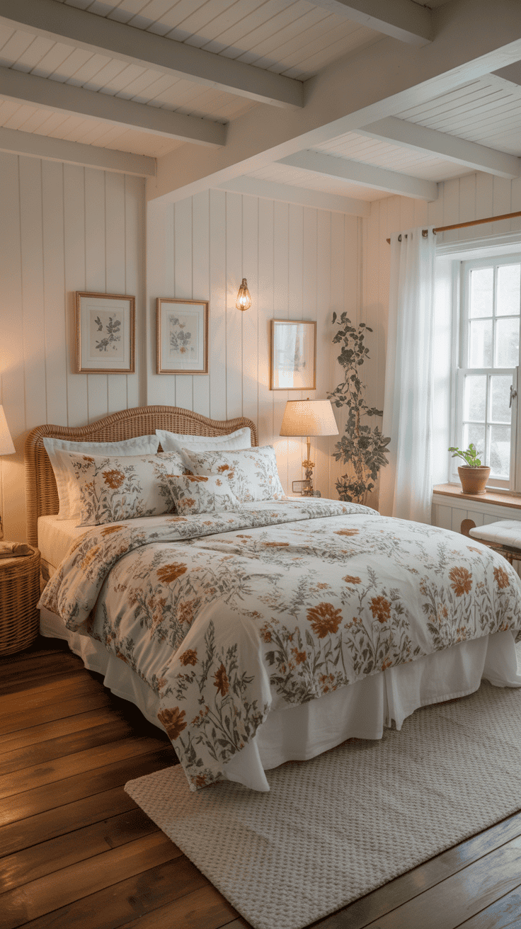 A cozy bedroom featuring garden-inspired bedding with floral patterns