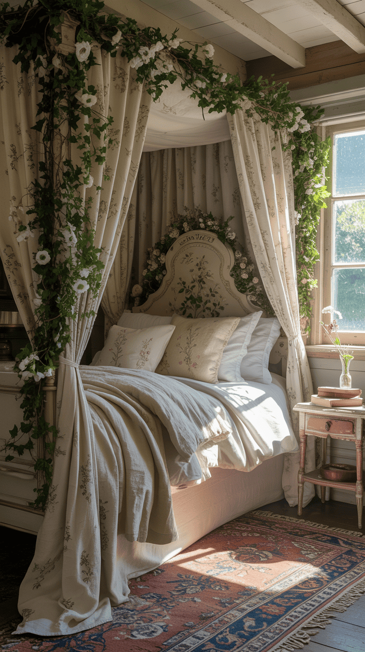 A cozy canopy bed with soft drapes and a decorative headboard in a charming bedroom