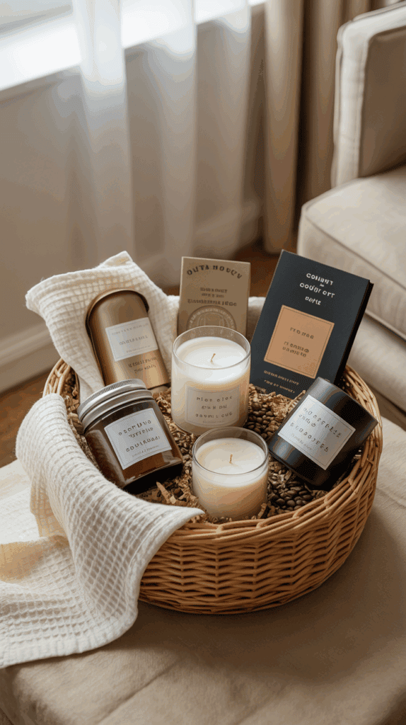 A cozy flat lay of a housewarming gift basket mid-wrap with candles and coffee items on a beige table