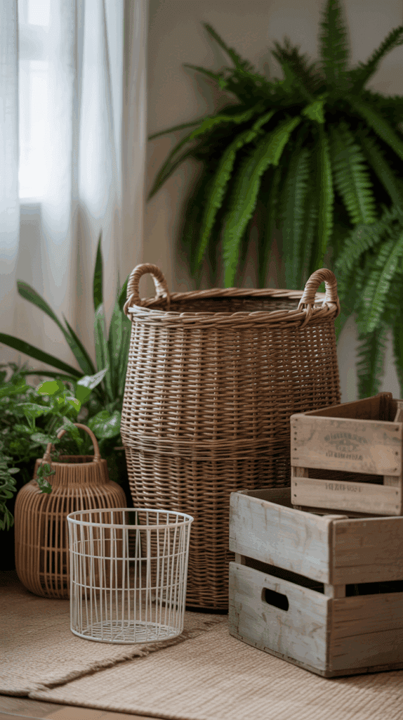 Different types of home décor baskets in natural and white tones displayed in a cozy room