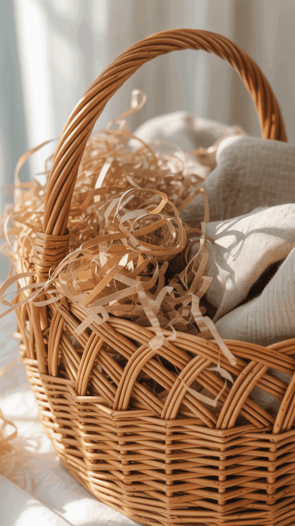 Gift basket filled with kraft crinkle paper and linen towel as stylish filler