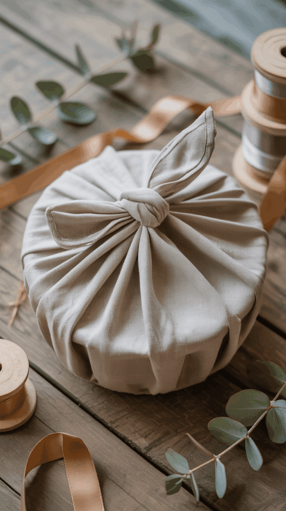 Eco-friendly gift basket wrapped in linen cloth with natural accents