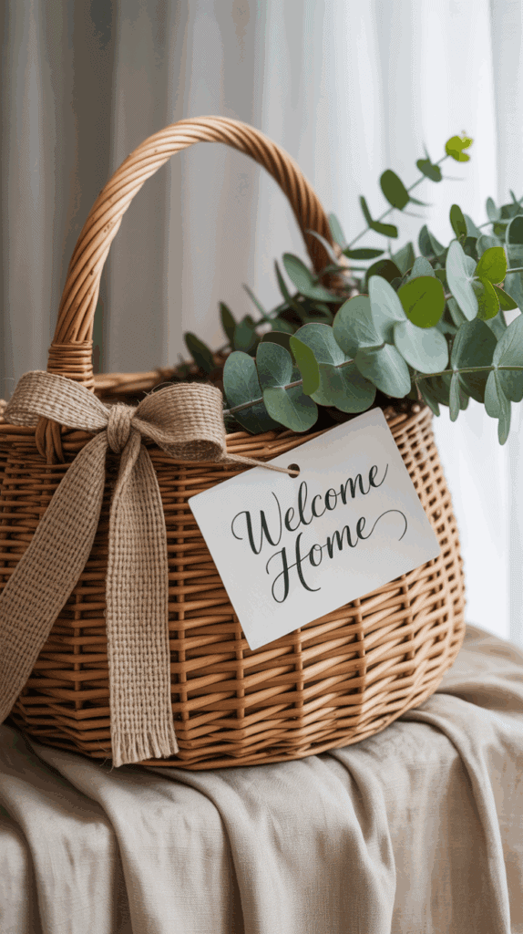 Decorated housewarming basket with greenery and ribbon finishing touches