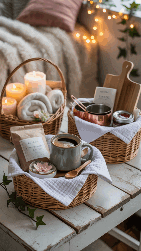Four themed housewarming gift baskets arranged together showing different styles