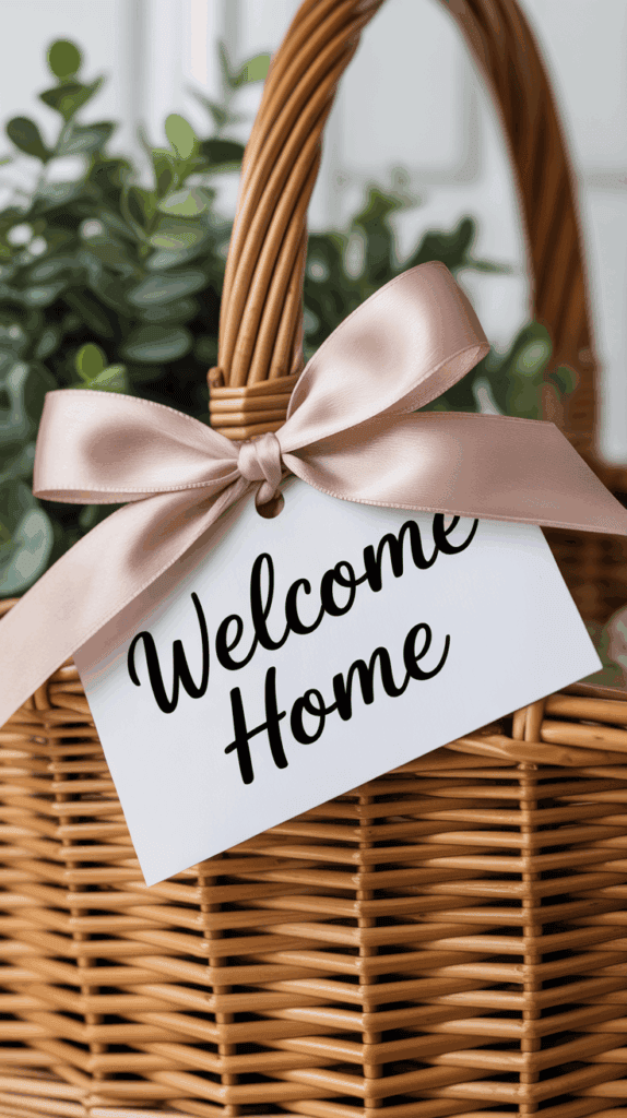 Small handwritten housewarming note attached to a gift basket handle