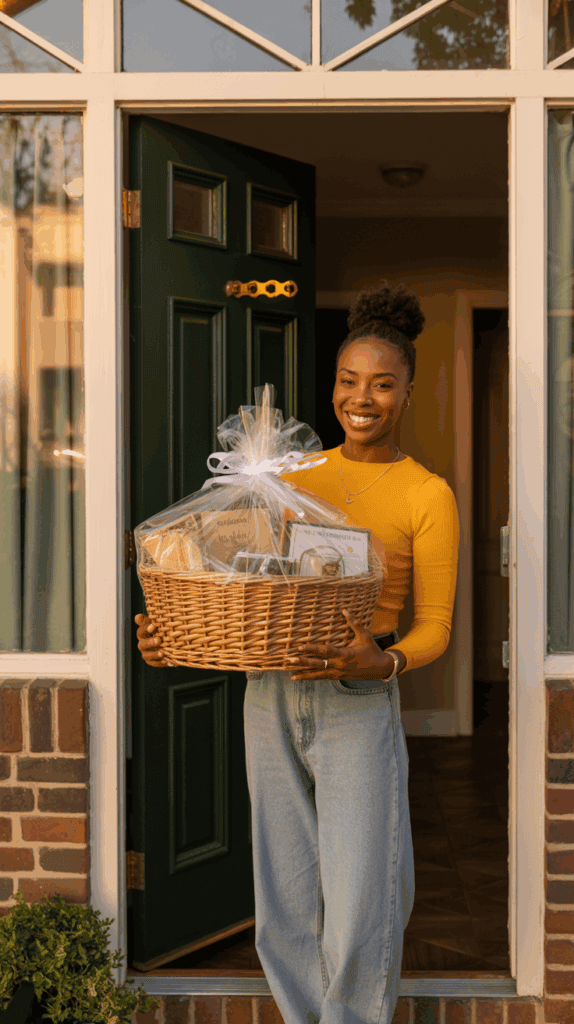 Person holding a housewarming gift basket at a doorstep during sunset