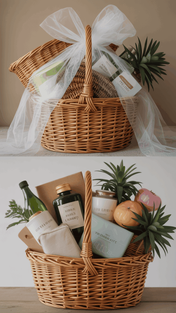 Comparison of a poorly wrapped and perfectly arranged gift basket