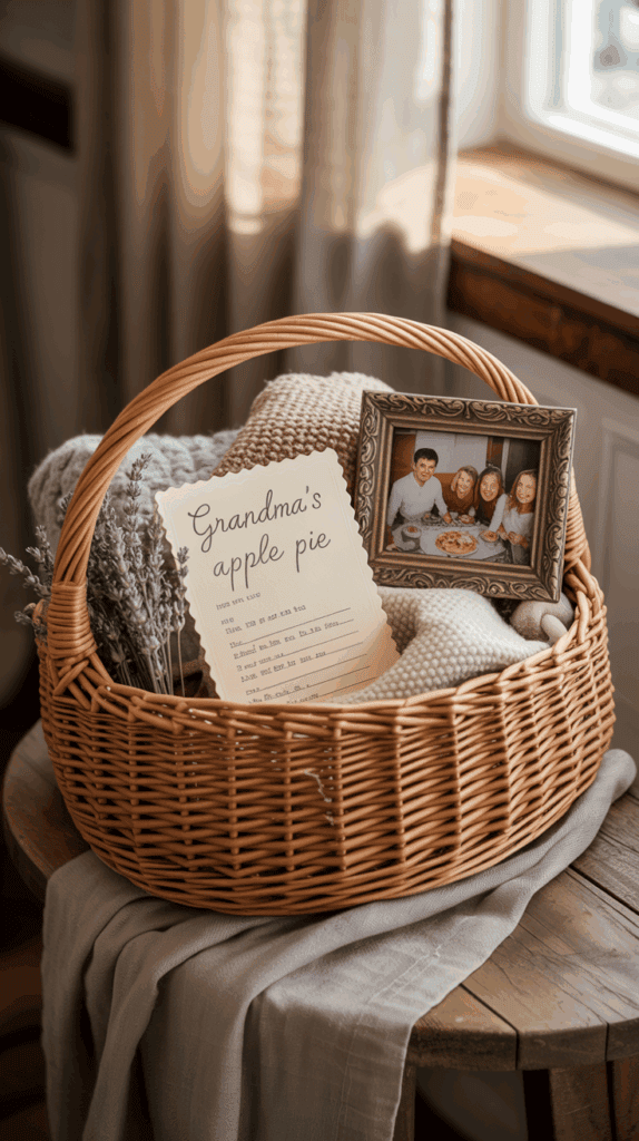 Personalized gift basket with a handwritten recipe card and small framed photo