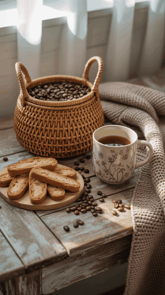 A cozy coffee-themed housewarming basket with coffee beans, mug, biscotti, and a throw on a rustic wooden surface