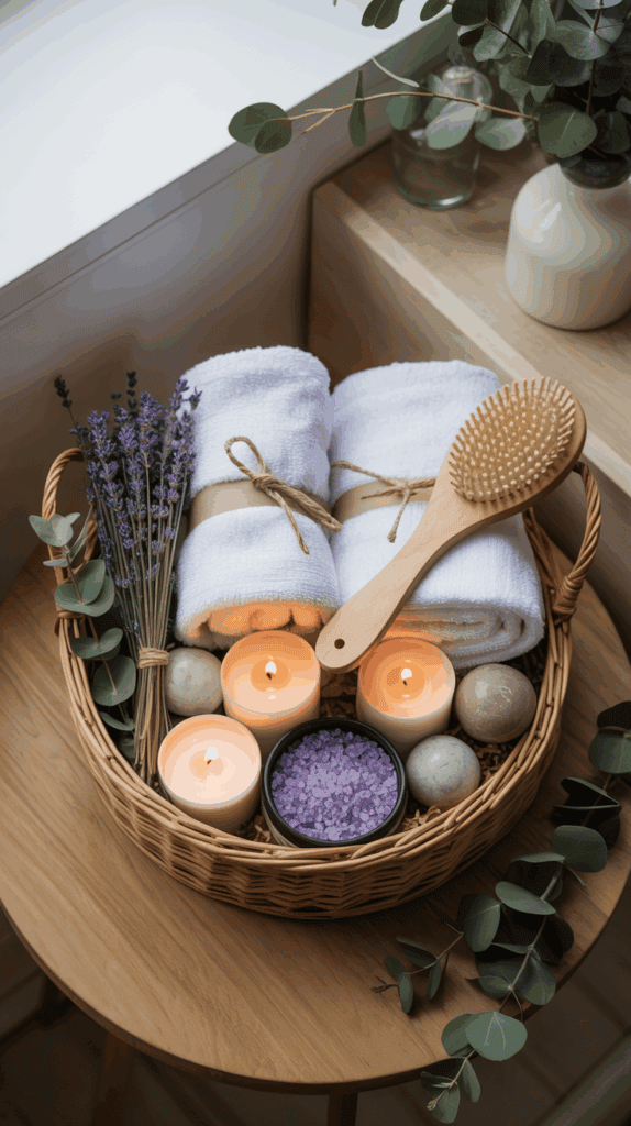 A relaxing spa-themed basket with bath salts, candles, and towels arranged on a wooden table with eucalyptus accents