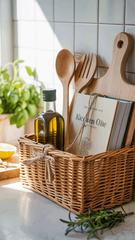 A kitchen starter basket featuring olive oil, utensils, and a cookbook on a bright, rustic countertop