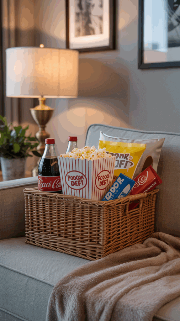 A movie night gift basket with popcorn, soda, and candy sitting on a sofa beside a fuzzy blanket