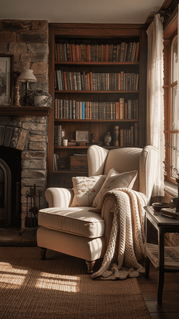 A cozy cottagecore living room with bookshelves filled with colorful books, a fireplace, and comfortable seating