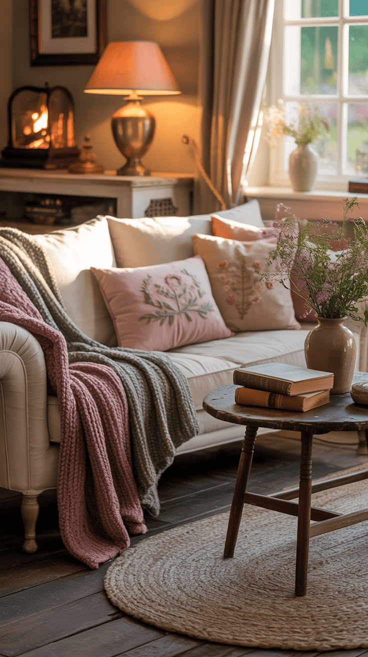Cozy cottagecore living room with warm textiles and soft lighting
