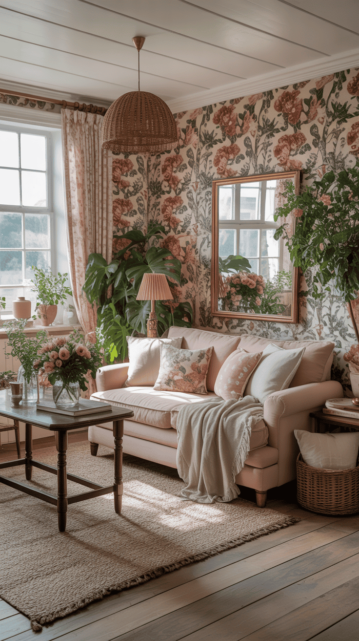 Cozy cottagecore living room with floral patterns and soft textures