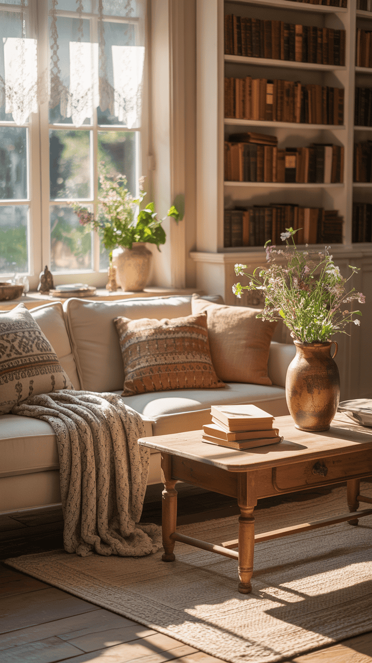 Cozy cottagecore living room with soft furnishings and natural light