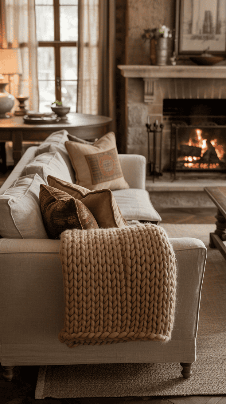 A rustic living room featuring a cozy seating area, a fireplace, and vintage decor