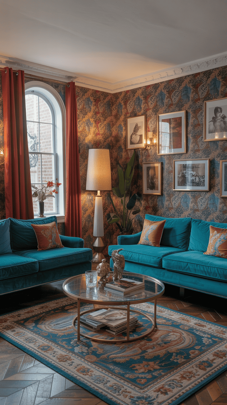 A vibrant living room featuring bold colors and classic patterns, with turquoise sofas, patterned wallpaper, and a cozy atmosphere