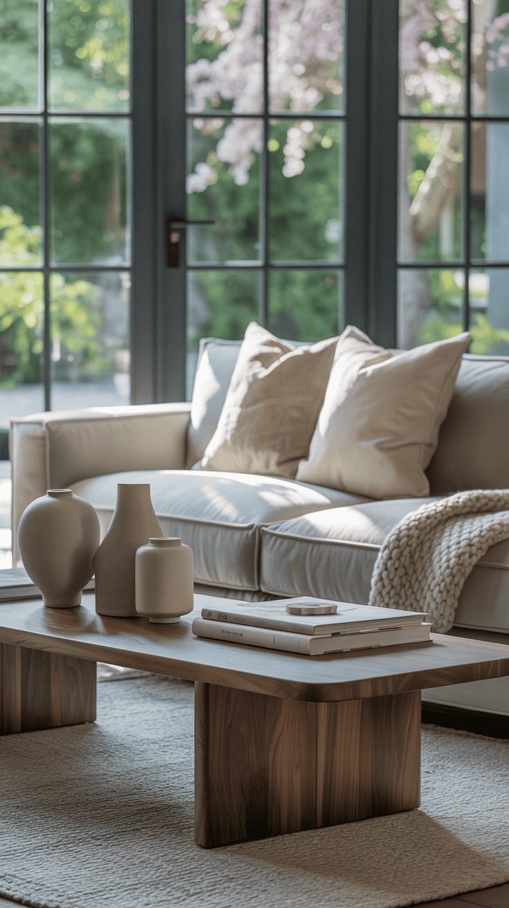 A stylish living room featuring a neutral color palette with elegant furniture and decor