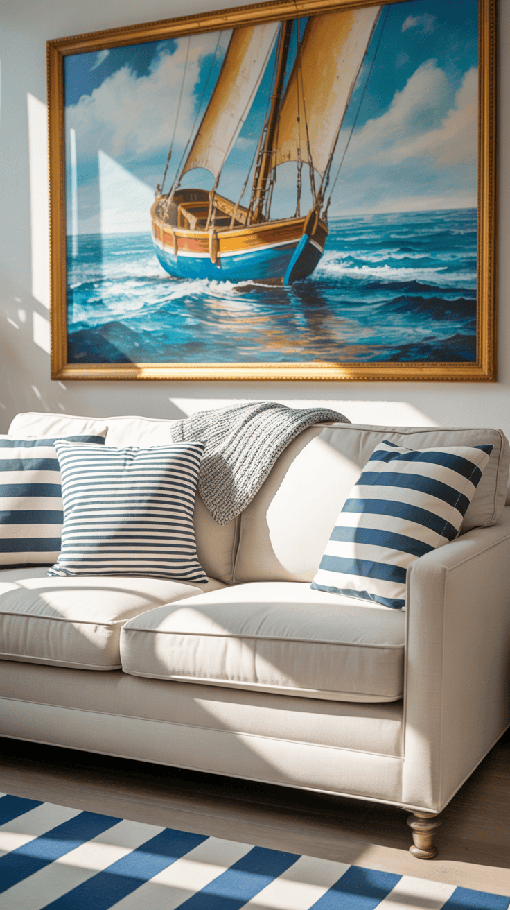 A bright living room with nautical decor, featuring striped furniture and a sailboat painting.
