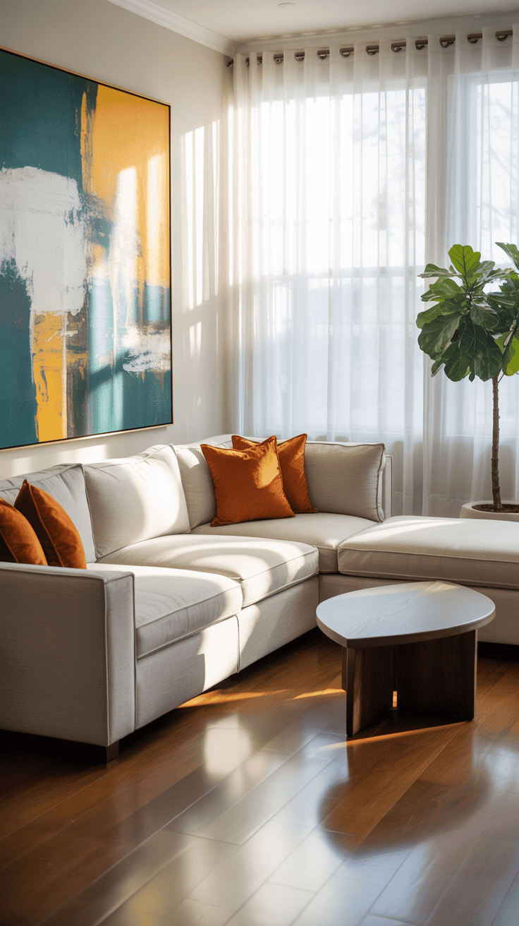 A modern living room featuring a light-colored sectional sofa with orange accent pillows, a sleek coffee table, and a large framed artwork on the wall