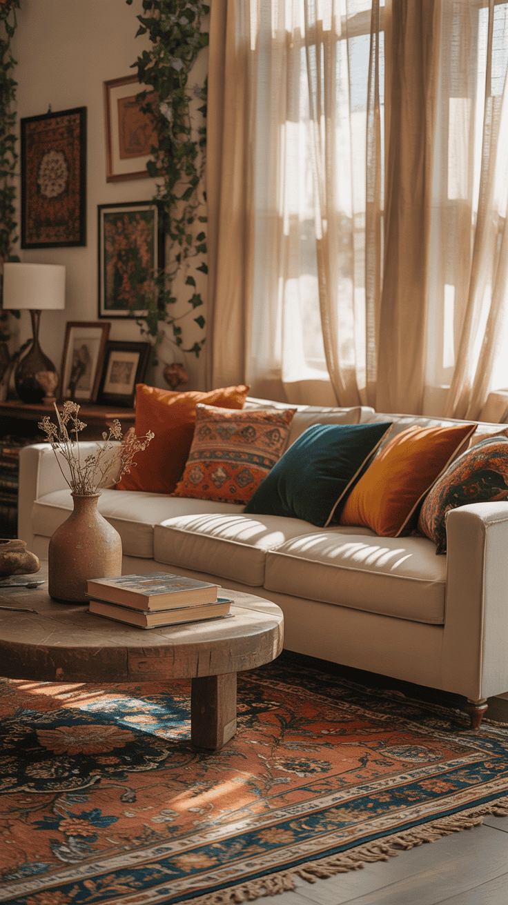 A cozy living room featuring eclectic bohemian touches with vibrant textiles and unique decor