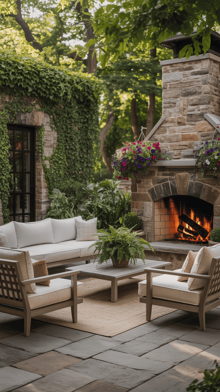A beautifully designed outdoor living area with wooden furniture, a stone fireplace, and greenery