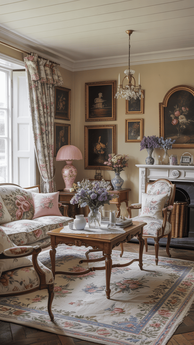 A traditional English country style living room featuring floral patterns and classic furniture