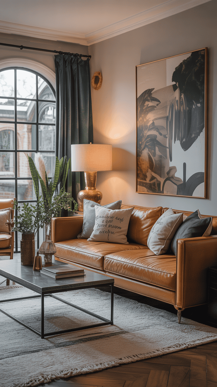 A beautifully styled living room featuring layered textures and patterns, showcasing a blend of velvet and leather furniture, decorative pillows, and a cozy atmosphere