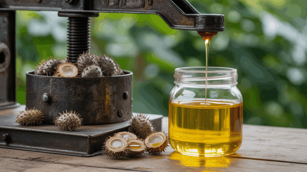 Cold-press extraction process of castor oil showing golden oil flowing from pressed castor seeds