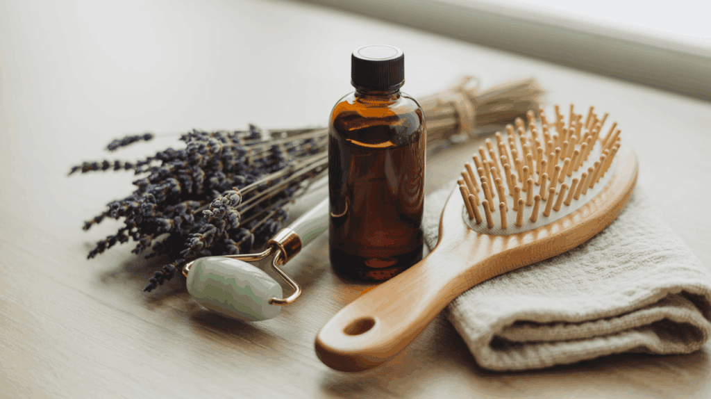 Castor oil bottle placed among natural beauty items like a hairbrush and jade roller, symbolizing wellness and skincare benefits