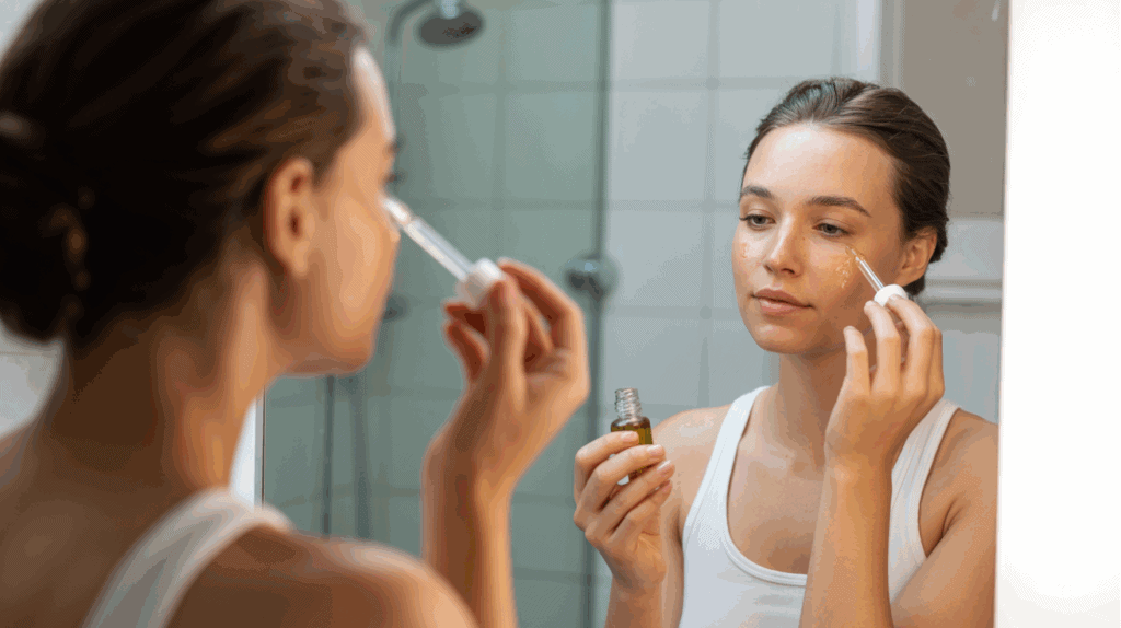 A woman applying castor oil to her face with a glass dropper in a bright bathroom setting, showing hydration and glow.