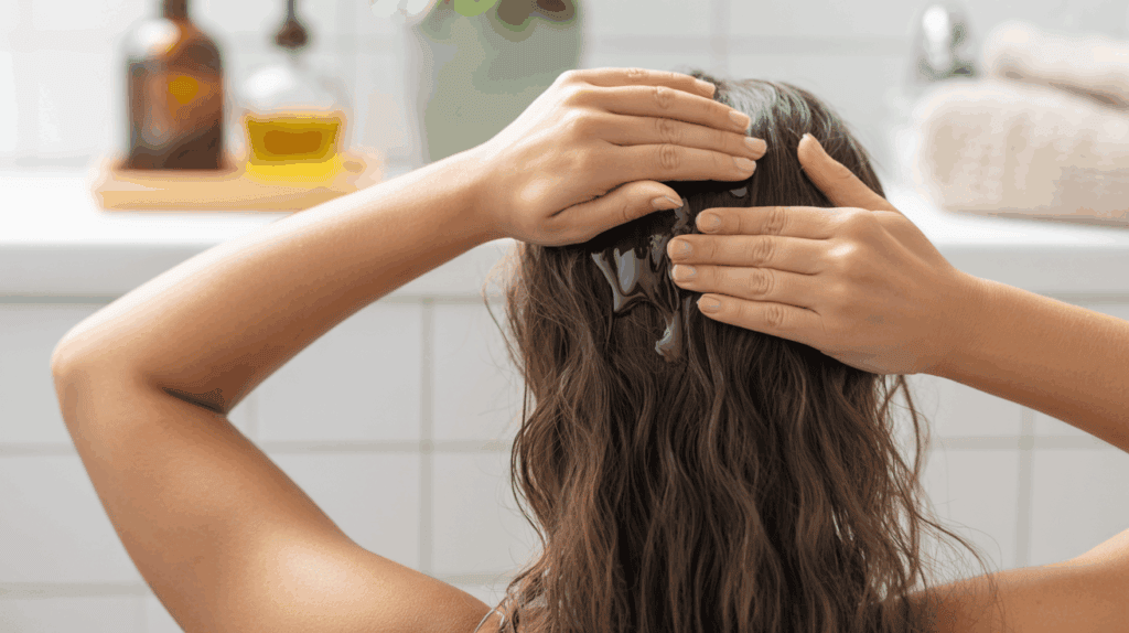 A woman massaging castor oil into her scalp to nourish hair and support scalp health