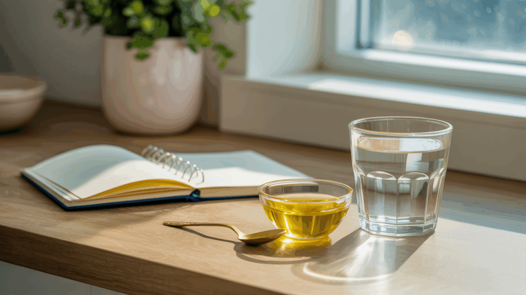 A teaspoon of castor oil beside a glass of water, symbolizing its traditional use for digestive health