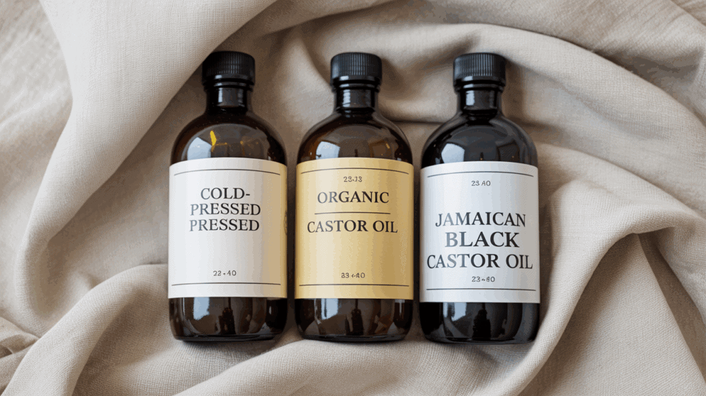 Three glass bottles of castor oil varieties — cold-pressed, organic, and Jamaican black — arranged neatly on fabric