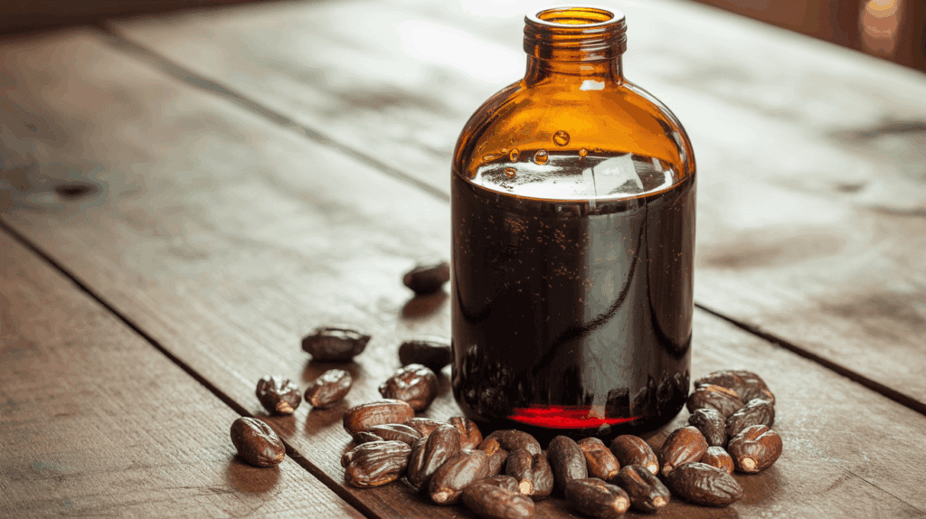A dark bottle of Jamaican black castor oil surrounded by roasted castor beans on a wooden surface