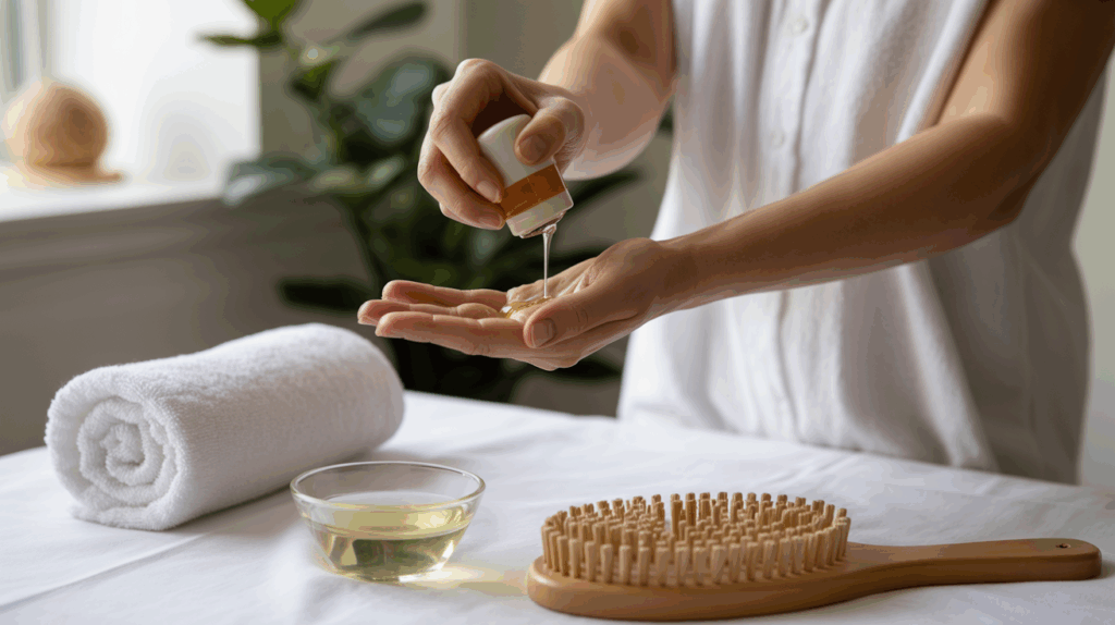 Castor oil being massaged into the skin during a relaxing self-care routine