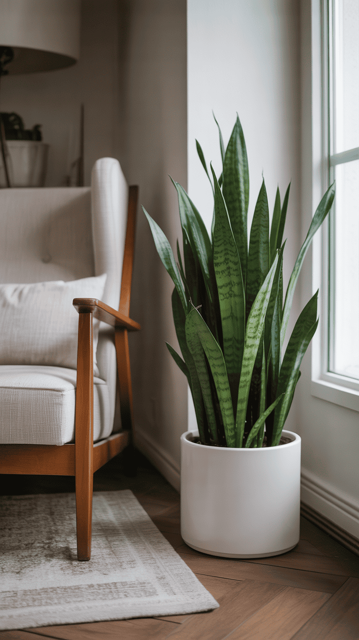 Snake plant in white pot by armchair showing how it thrives in low light indoor spaces
