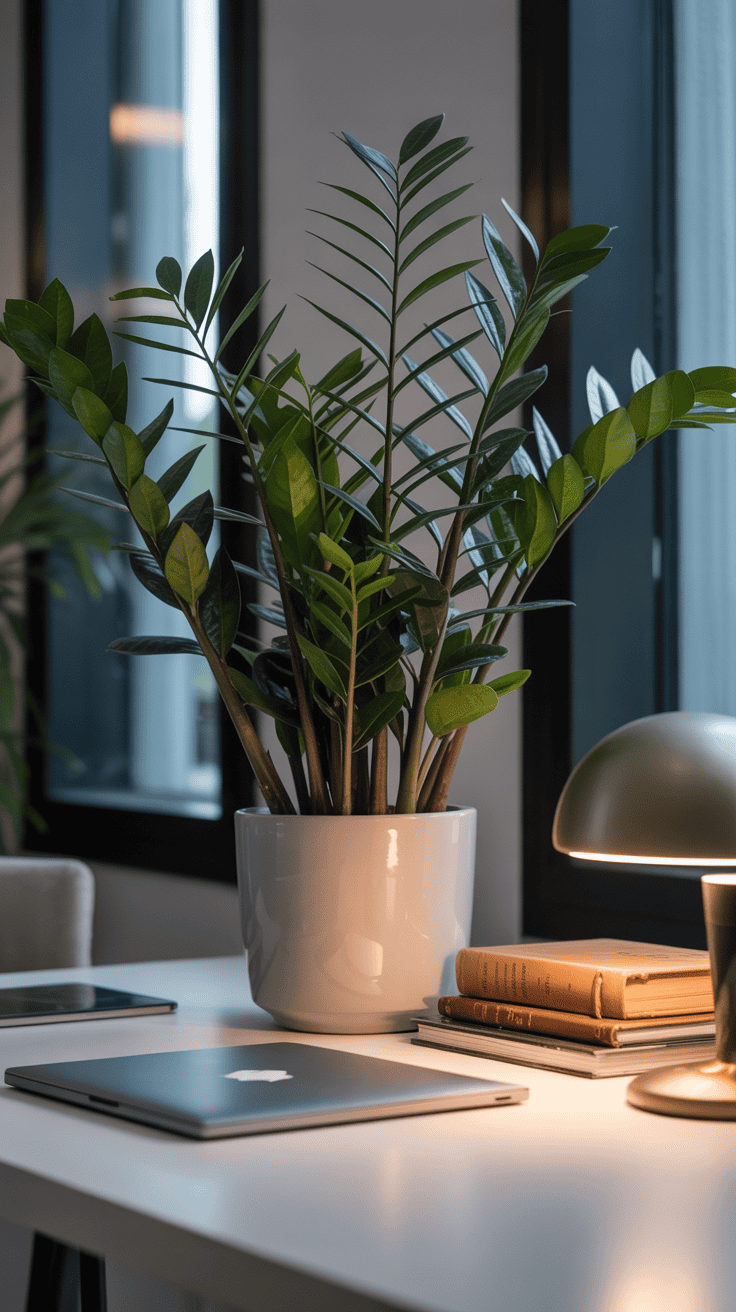 ZZ plant with shiny leaves sitting on an office desk under low indoor light