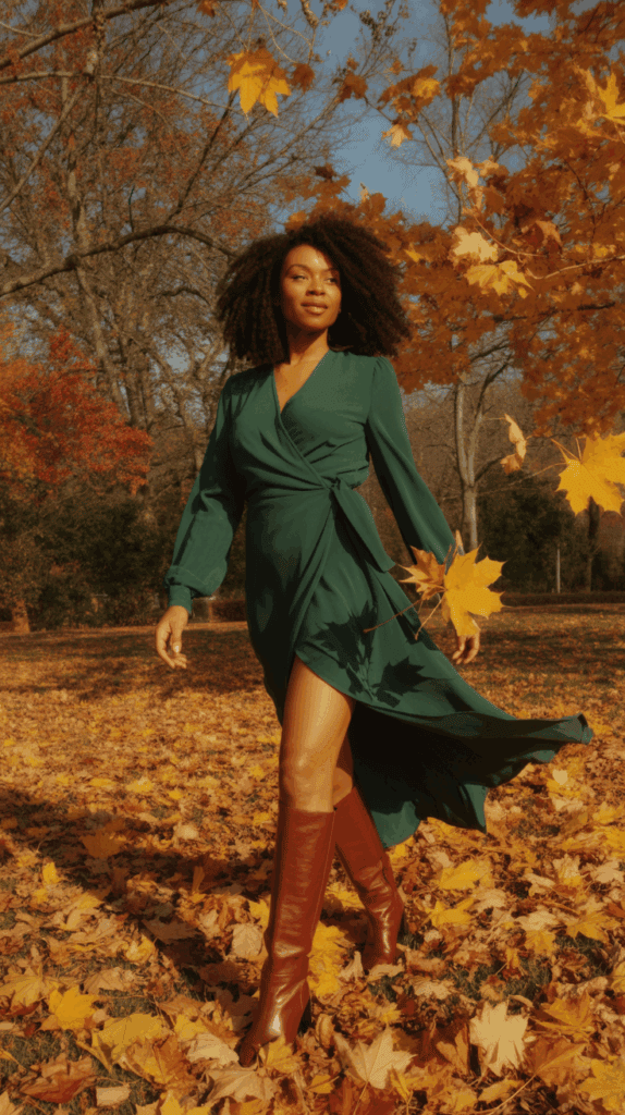 A woman walking in a wrap dress and knee-high boots surrounded by autumn leaves