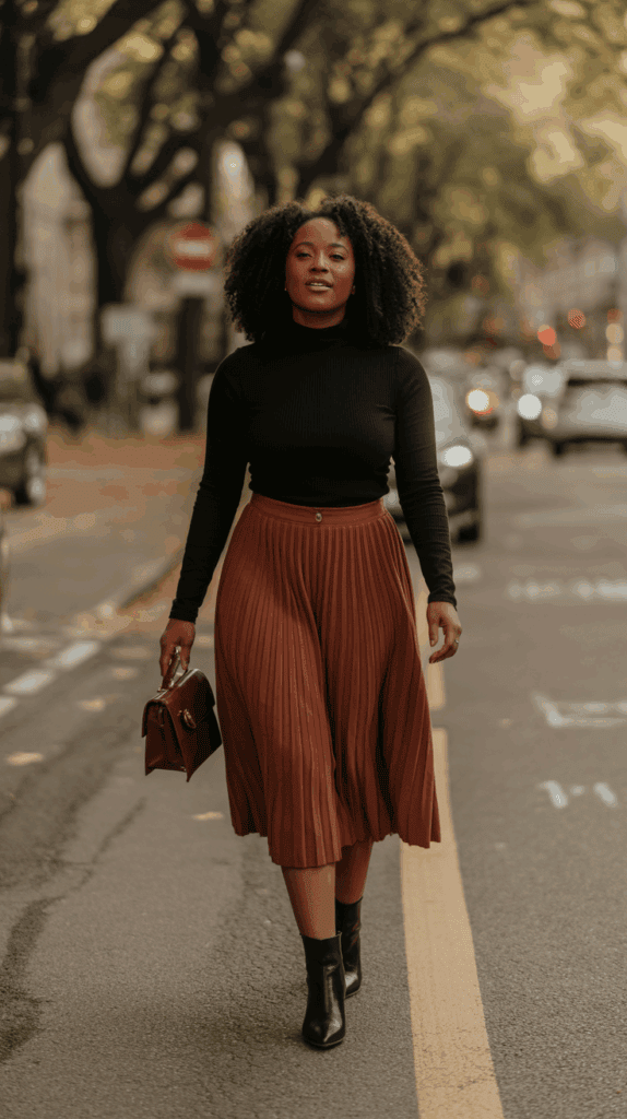 A black woman walking confidently in a rust-colored midi skirt and ankle boots on a tree-lined street during fall