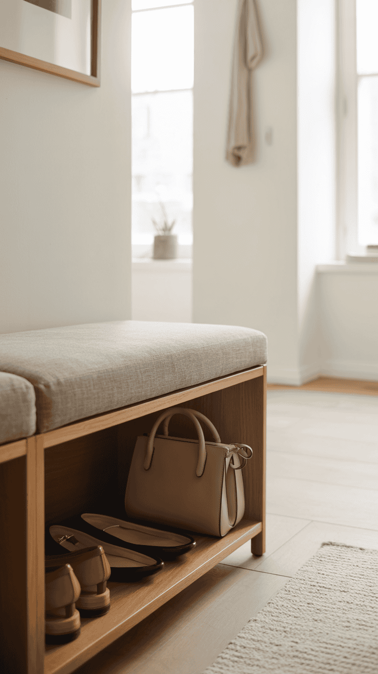 A minimalist entryway featuring a compact storage bench with hidden compartments, showcasing shoes and bags.