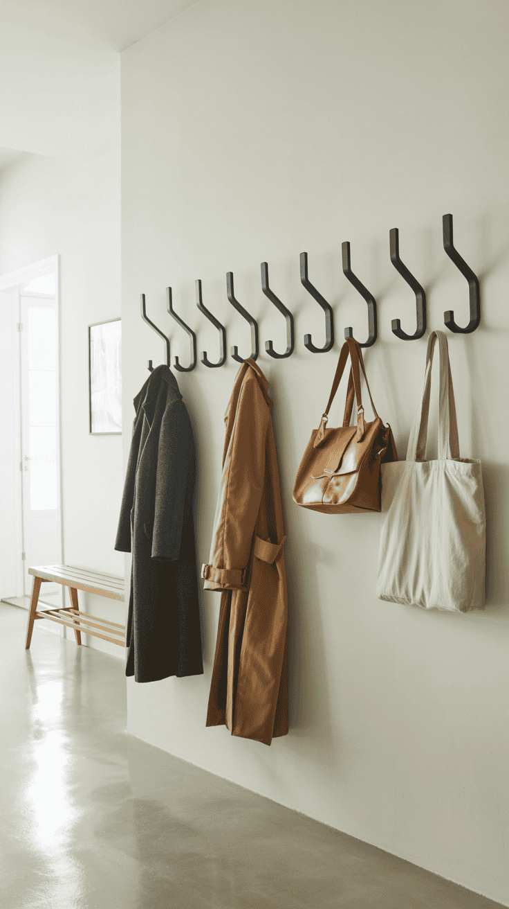 A minimalist entryway with wall-mounted hooks displaying coats and bags