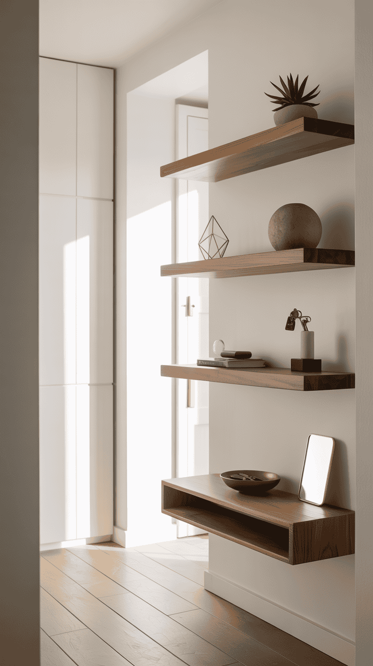 Minimalist entryway with sleek floating shelves displaying decorative items and essentials