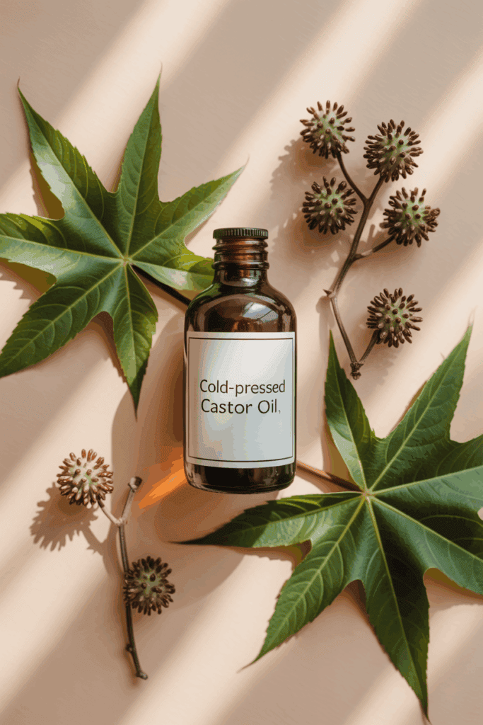 Flat lay of a cold-pressed castor oil bottle with castor seeds and leaves on a beige background